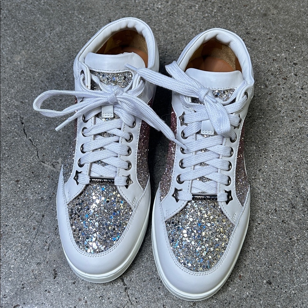 Rare Authentic Jimmy Choo Women’s Platinum Flamingo Sneakers